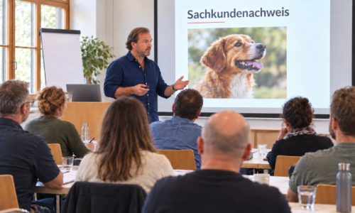 Sachkundenachweis FAQ: KI-Symbolbild von Heinrich Kitzberger als Vortragendem vor einer Teilnehmergruppe